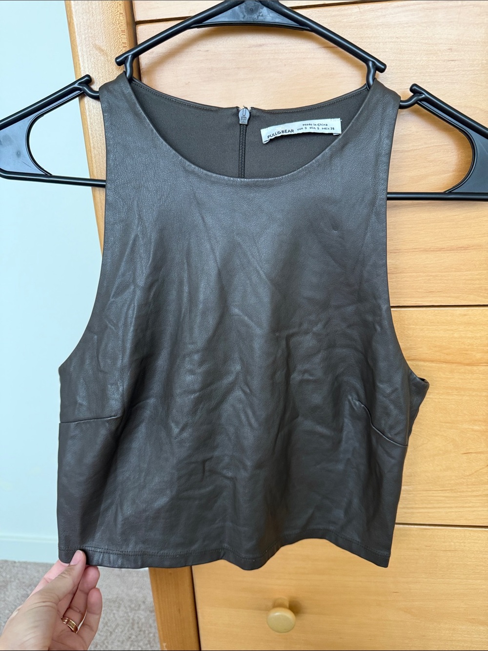 Pull&Bear Dark Brown Faux Leather Cropped Tank Top Going Out Top